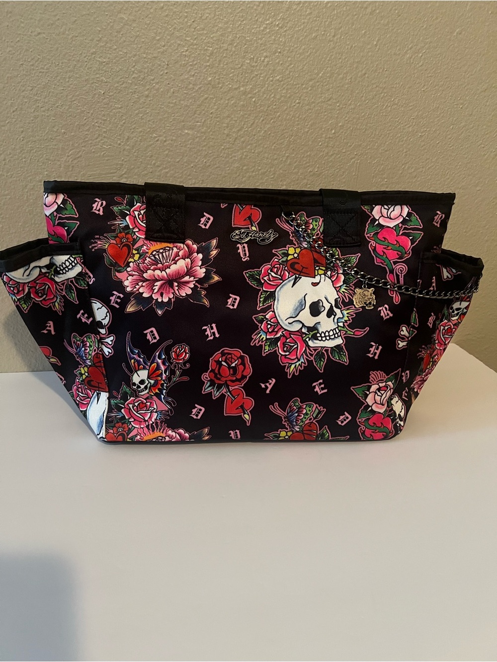 Ed Hardy Women tote Black Tattoo Print Skull Rose Bag Lunch Insultated nwt